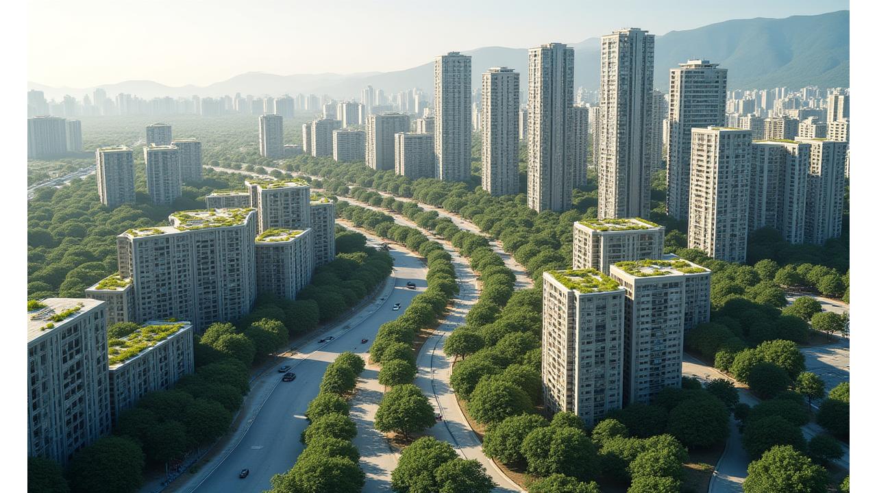서울 도심의 현대적인 복합용도 개발 마스터 플랜 3D 시각화